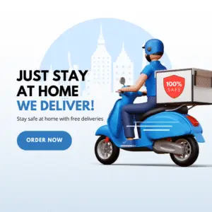 blue just stay at home we delivery promo instagram post