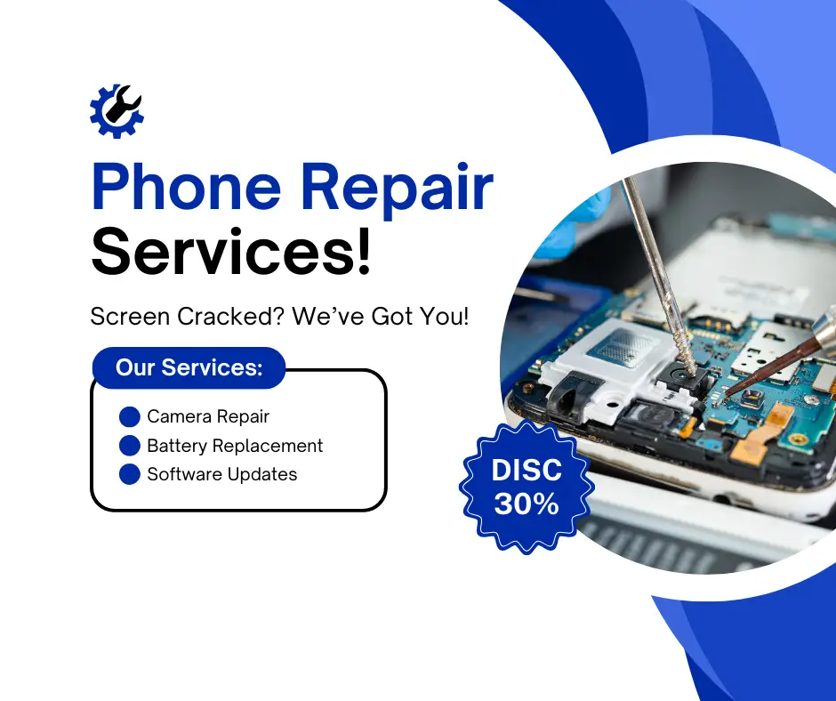 blue and black modern phone repair services facebook post